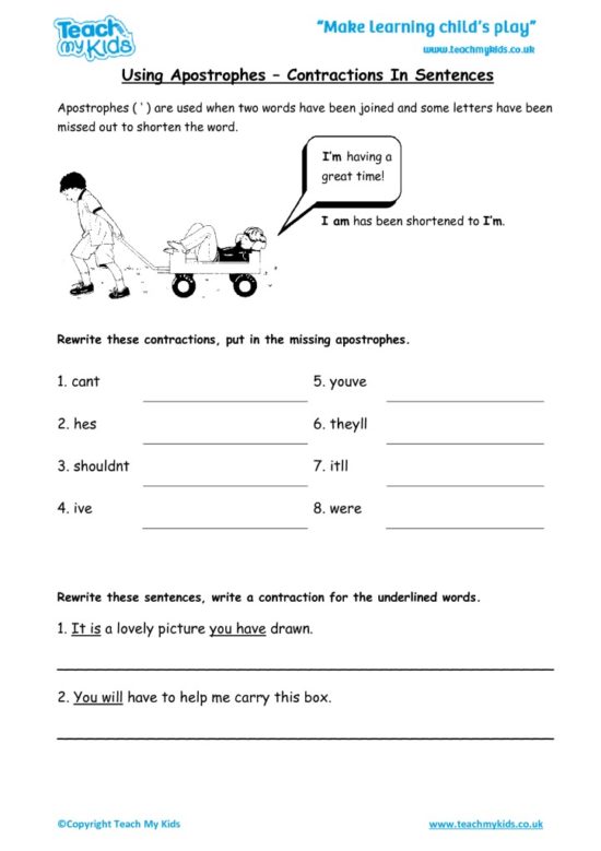 Worksheets for kids - using-apostrophes-contractions-in-sentences